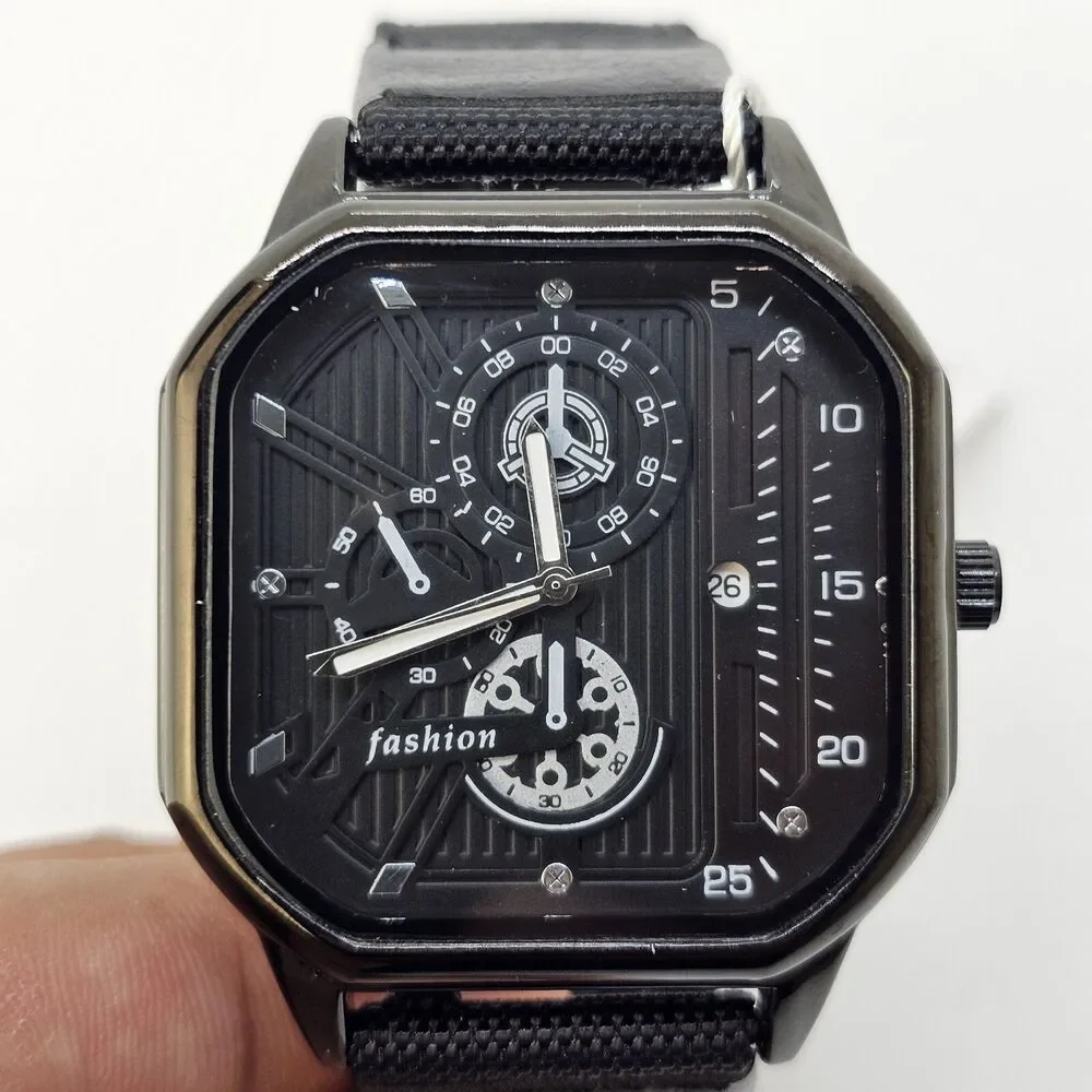 Men's 42MM Minimalist Watch Black‎ Case Black Dial Date Black Canvas Band Straps